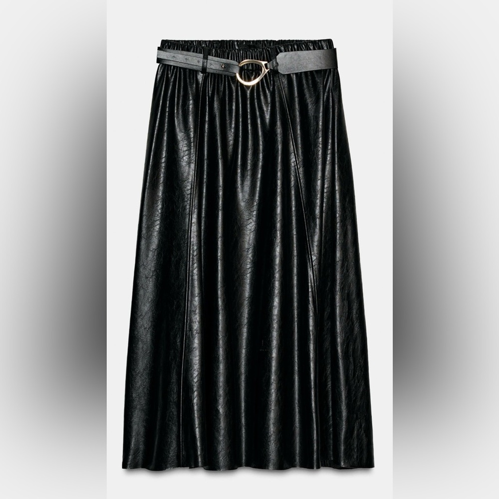 FAUX LEATHER LAYERED BELTED MIDI SKIRT (Zara- new with tags)